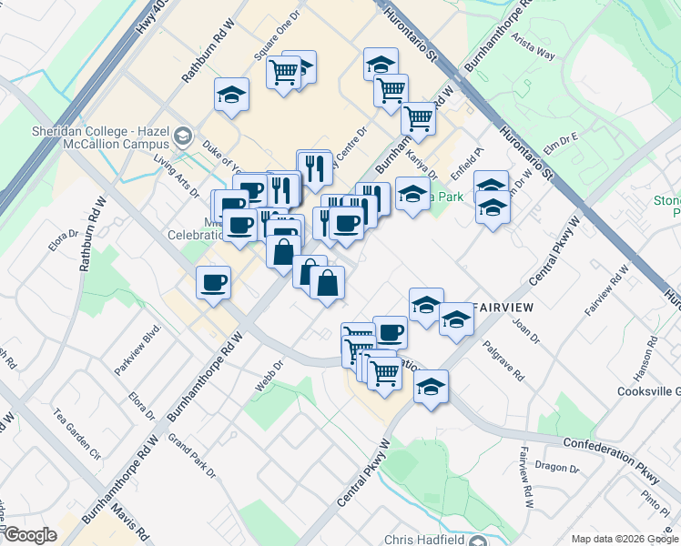 map of restaurants, bars, coffee shops, grocery stores, and more near 3880 Duke of York Boulevard in Mississauga