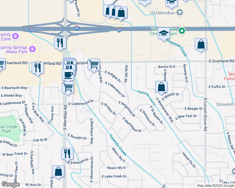 map of restaurants, bars, coffee shops, grocery stores, and more near 661 East Linkershim Drive in Meridian