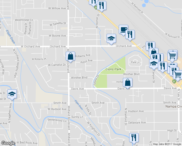 map of restaurants, bars, coffee shops, grocery stores, and more near 621 Forsythia Drive in Nampa