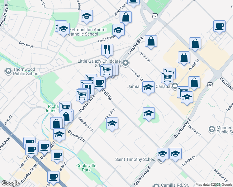 map of restaurants, bars, coffee shops, grocery stores, and more near in Mississauga