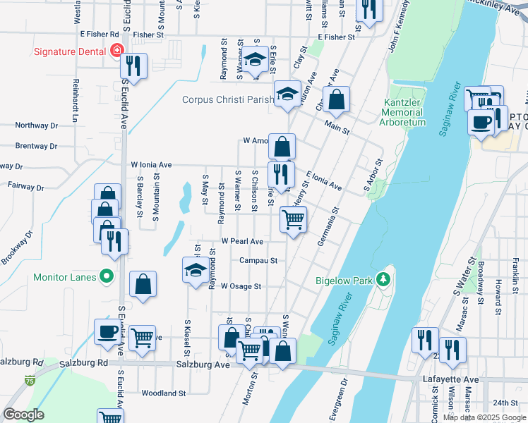 map of restaurants, bars, coffee shops, grocery stores, and more near 1312 South Erie Street in Bay City