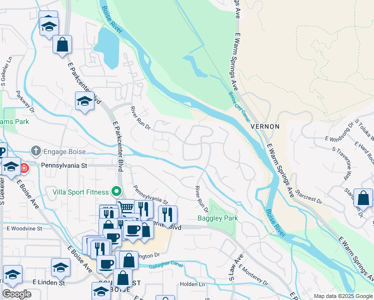 map of restaurants, bars, coffee shops, grocery stores, and more near 2020 South Springbrook Lane in Boise