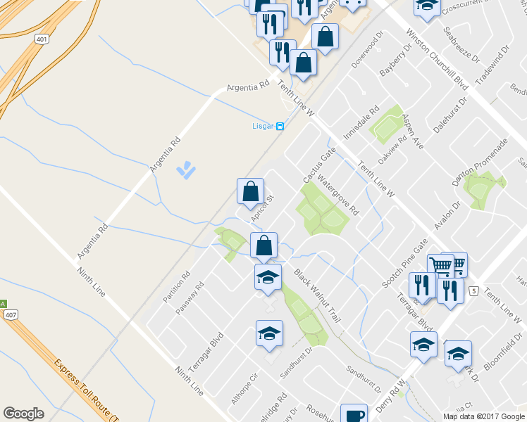 map of restaurants, bars, coffee shops, grocery stores, and more near 3266 Apricot Street in Mississauga