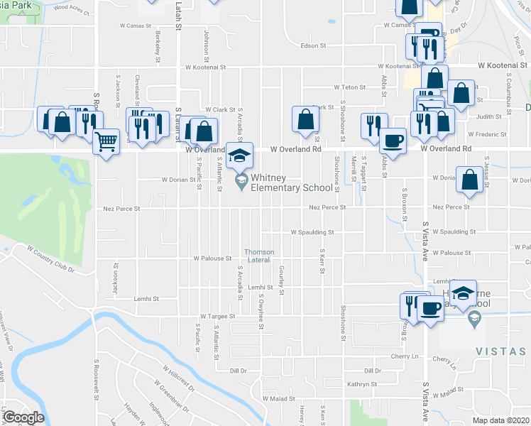 map of restaurants, bars, coffee shops, grocery stores, and more near 1808 South Owyhee Street in Boise