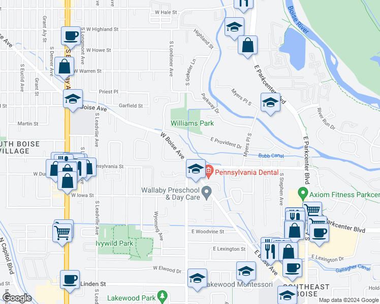 map of restaurants, bars, coffee shops, grocery stores, and more near 104 East Boise Avenue in Boise
