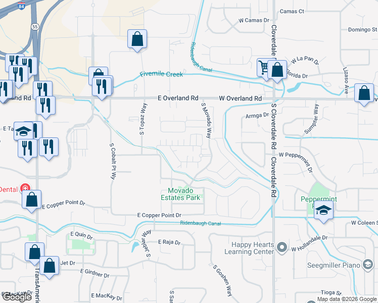 map of restaurants, bars, coffee shops, grocery stores, and more near 4231 E Silverking Ln in Meridian