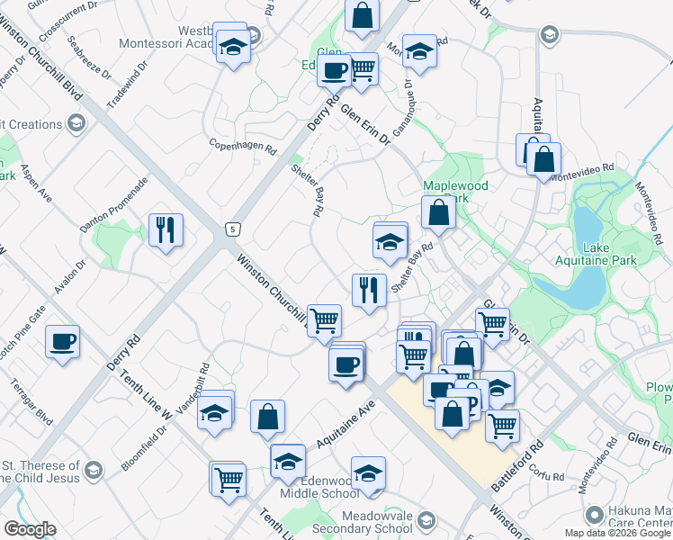 map of restaurants, bars, coffee shops, grocery stores, and more near 2887 Saint Malo Circle in Mississauga