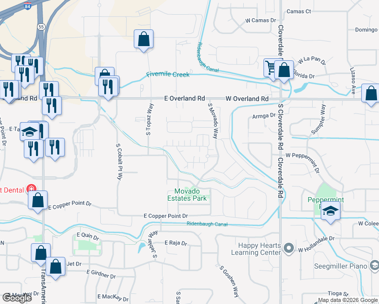 map of restaurants, bars, coffee shops, grocery stores, and more near 4231 E Silverking Ln in Meridian