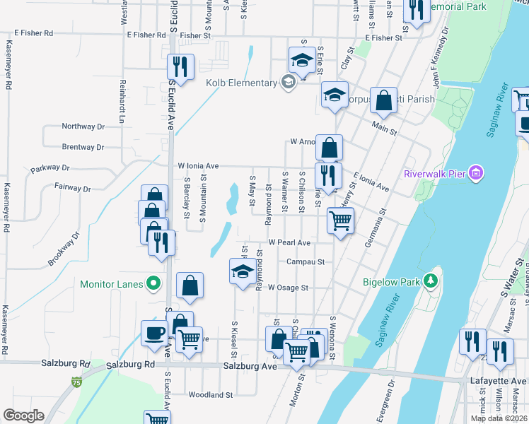 map of restaurants, bars, coffee shops, grocery stores, and more near 1312 Raymond Street in Bay City