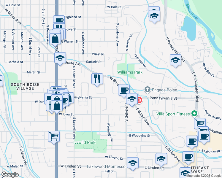 map of restaurants, bars, coffee shops, grocery stores, and more near 329 Chester Drive in Boise