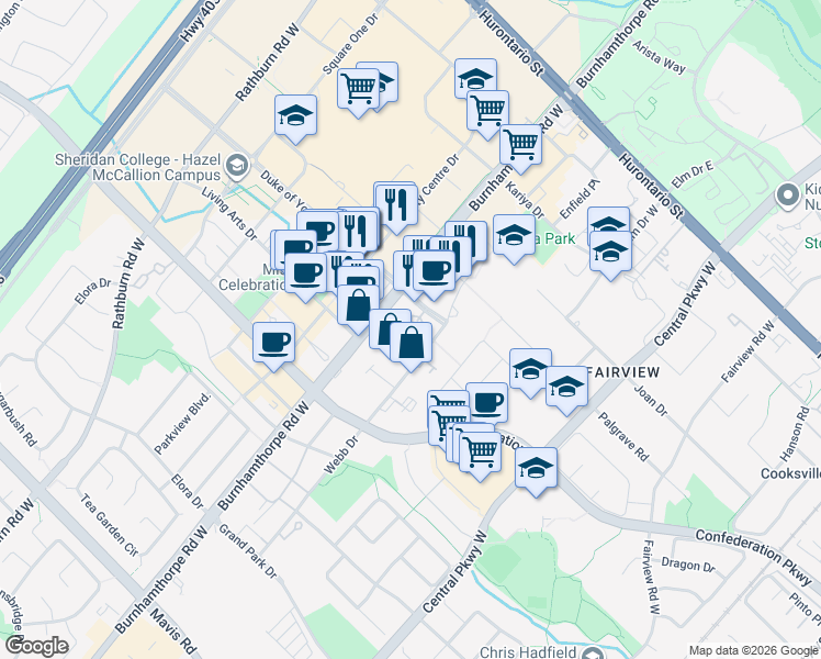 map of restaurants, bars, coffee shops, grocery stores, and more near 3880 Duke of York Boulevard in Mississauga