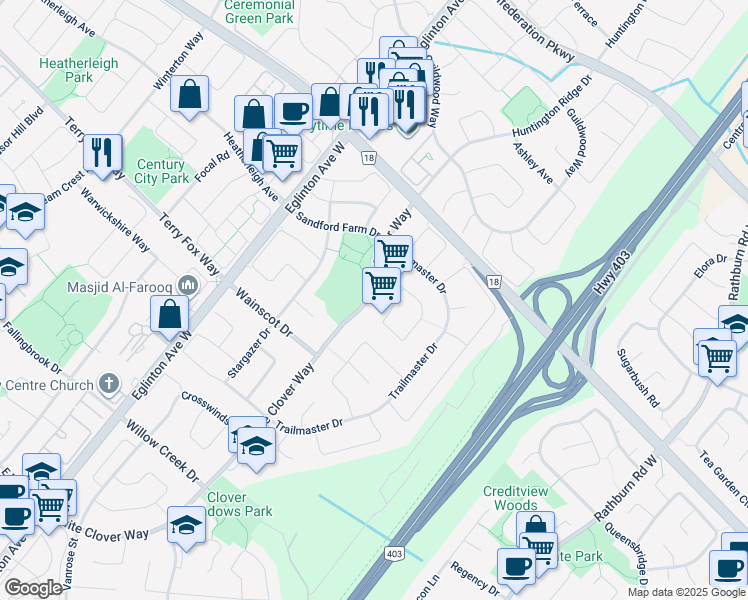 map of restaurants, bars, coffee shops, grocery stores, and more near 824 White Clover Way in Mississauga