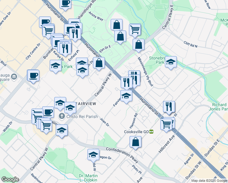 map of restaurants, bars, coffee shops, grocery stores, and more near 60 Achill Crescent in Mississauga