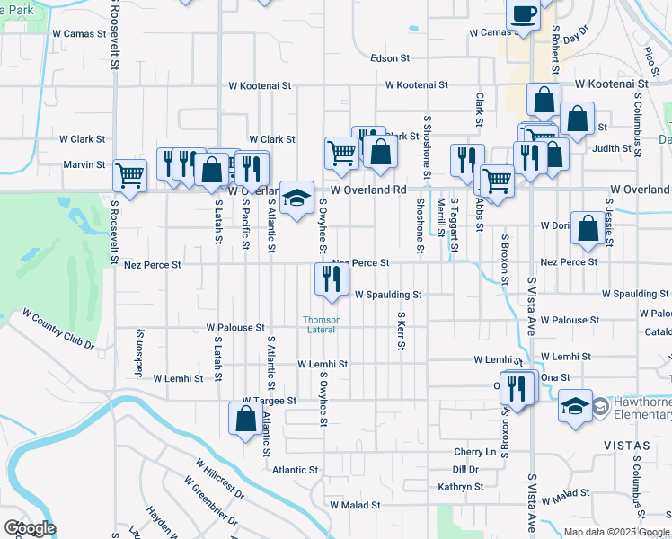 map of restaurants, bars, coffee shops, grocery stores, and more near 3379 Nez Perce Street in Boise