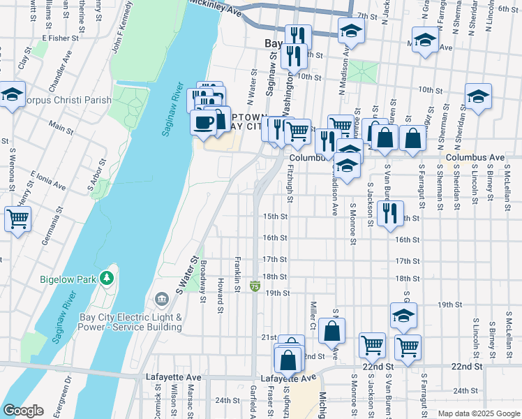 map of restaurants, bars, coffee shops, grocery stores, and more near 317 Garfield Avenue in Bay City