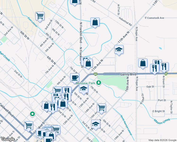 map of restaurants, bars, coffee shops, grocery stores, and more near 306 North Franklin Boulevard in Nampa