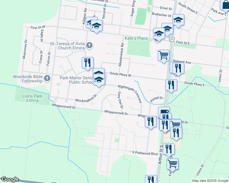 map of restaurants, bars, coffee shops, grocery stores, and more near 6 Green Warbler Crescent in Elmira
