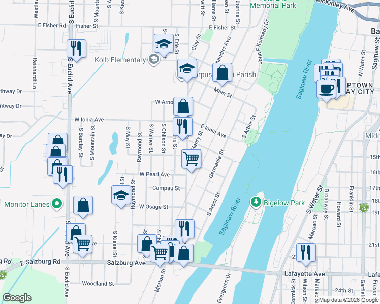 map of restaurants, bars, coffee shops, grocery stores, and more near 1309 South Wenona Street in Bay City
