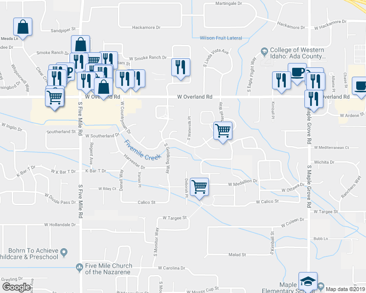 map of restaurants, bars, coffee shops, grocery stores, and more near 9883 West Countryman Drive in Boise