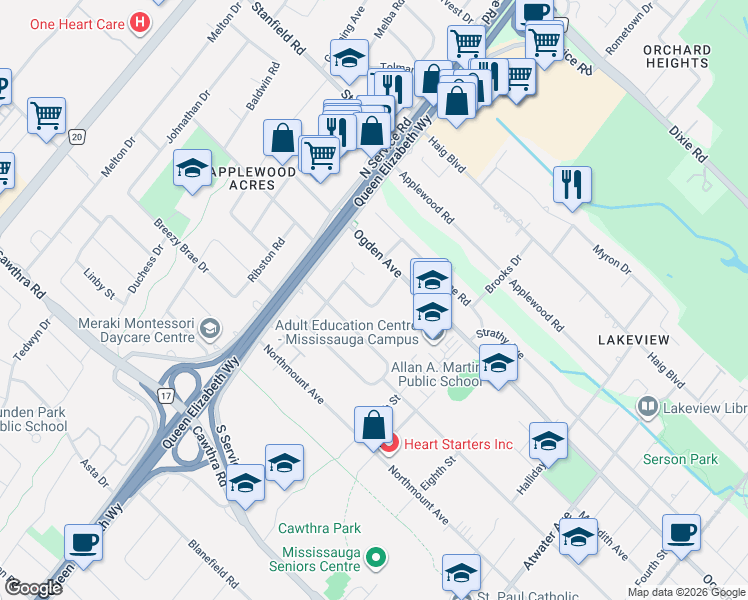 map of restaurants, bars, coffee shops, grocery stores, and more near in Mississauga