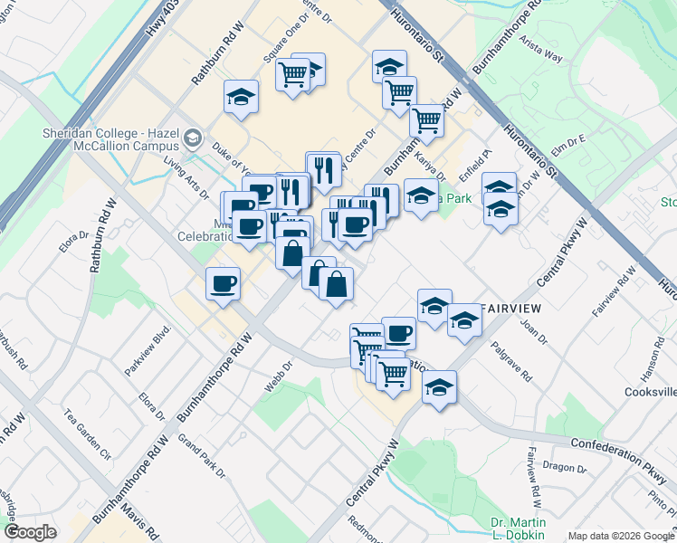 map of restaurants, bars, coffee shops, grocery stores, and more near 3880 Duke of York Boulevard in Mississauga