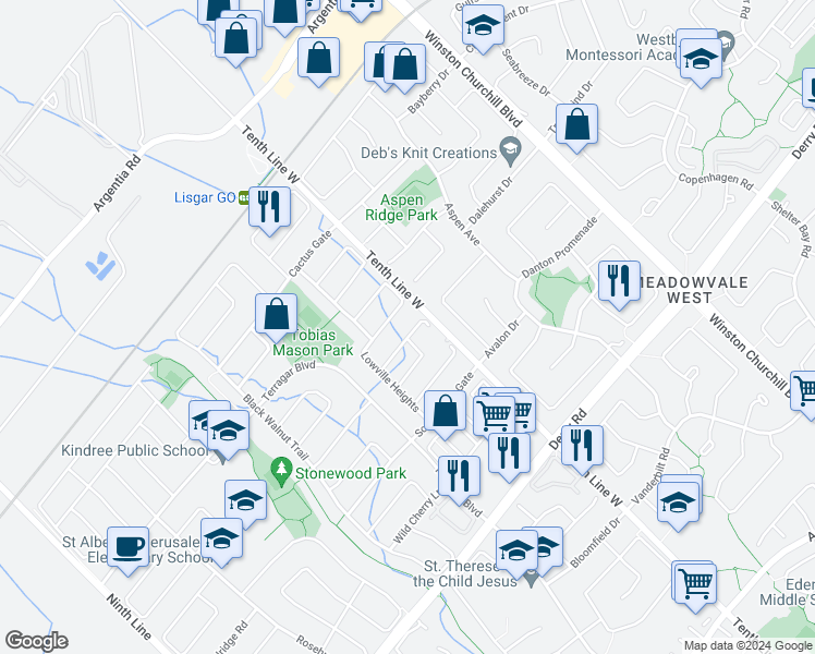 map of restaurants, bars, coffee shops, grocery stores, and more near 3348 Bruzan Crescent in Mississauga
