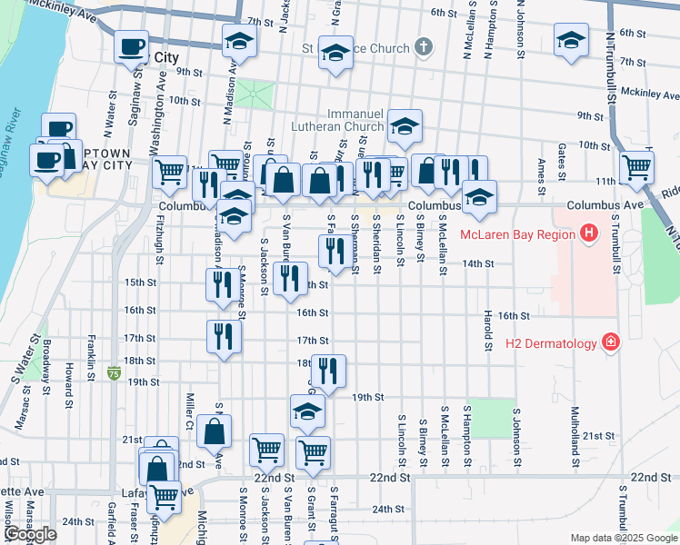 map of restaurants, bars, coffee shops, grocery stores, and more near 317 South Farragut Street in Bay City