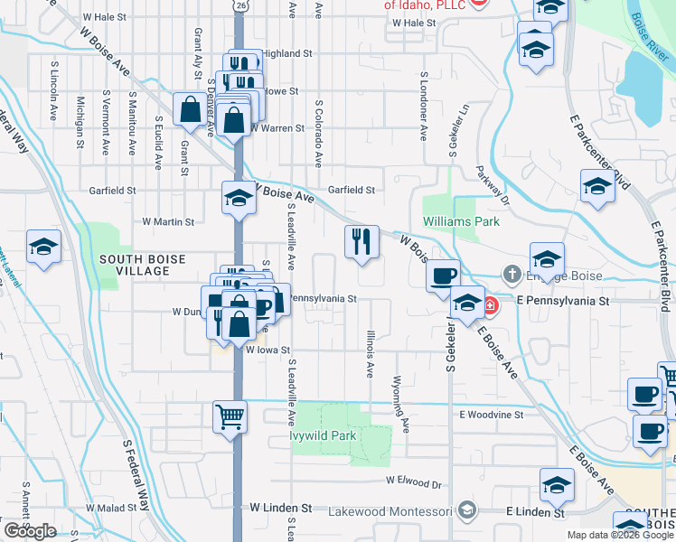 map of restaurants, bars, coffee shops, grocery stores, and more near 2056 Division Avenue in Boise