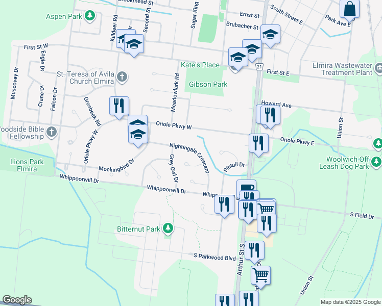 map of restaurants, bars, coffee shops, grocery stores, and more near 25 Nightingale Crescent in Elmira