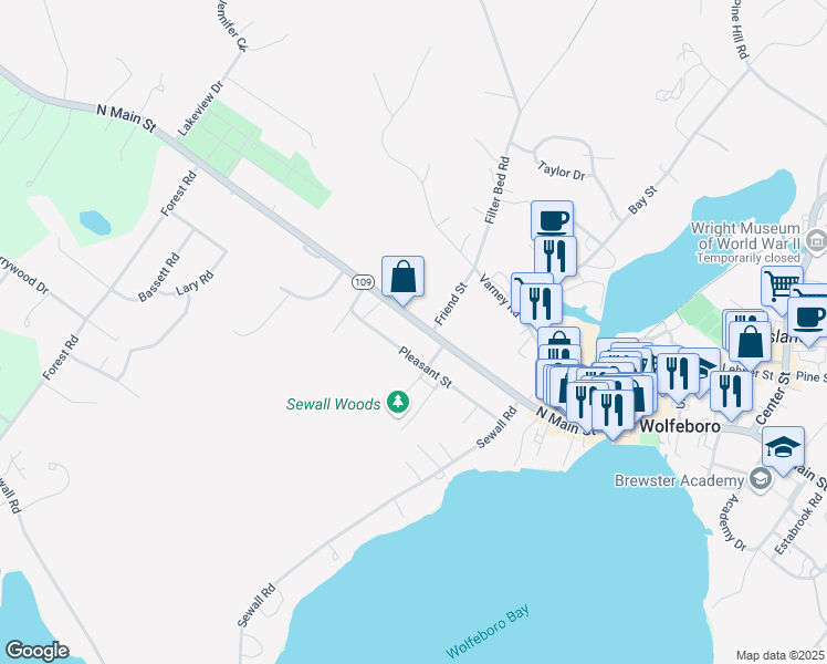 map of restaurants, bars, coffee shops, grocery stores, and more near 158 North Main Street in Wolfeboro