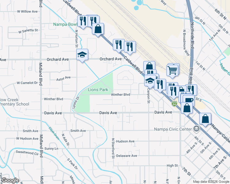 map of restaurants, bars, coffee shops, grocery stores, and more near 340 Winther Boulevard in Nampa