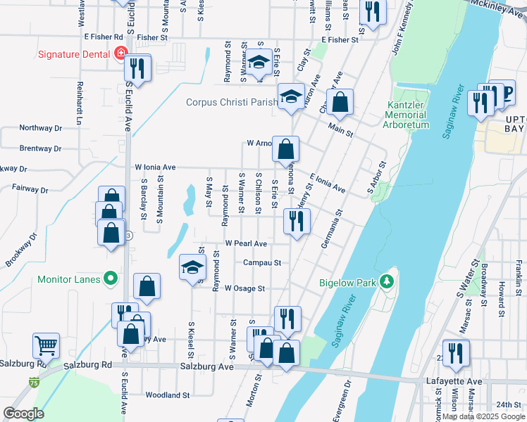 map of restaurants, bars, coffee shops, grocery stores, and more near 1312 South Erie Street in Bay City