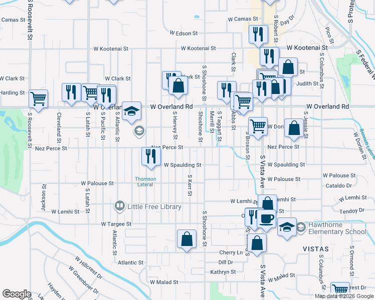 map of restaurants, bars, coffee shops, grocery stores, and more near 1809 South Kerr Street in Boise