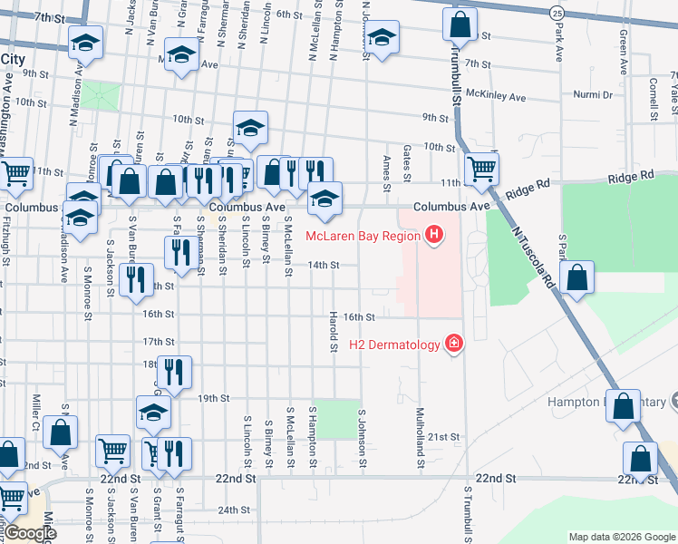 map of restaurants, bars, coffee shops, grocery stores, and more near 311 Harold Street in Bay City