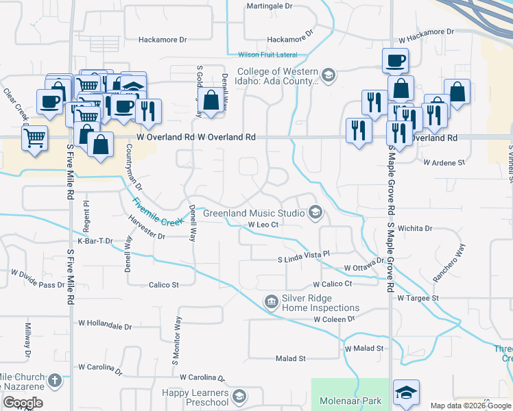 map of restaurants, bars, coffee shops, grocery stores, and more near 1860 South Rustic Mill Place in Boise