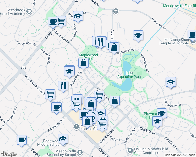map of restaurants, bars, coffee shops, grocery stores, and more near 6719 Glen Erin Drive in Mississauga