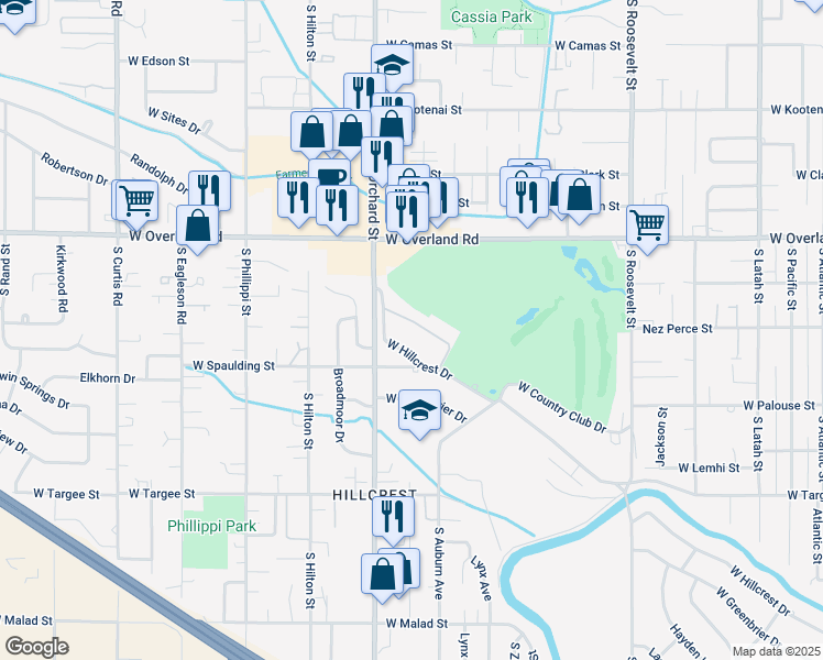 map of restaurants, bars, coffee shops, grocery stores, and more near 4900 West Hillcrest Drive in Boise