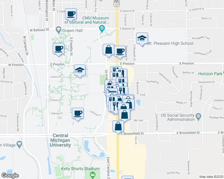 map of restaurants, bars, coffee shops, grocery stores, and more near 1522 South Mission Street in Mount Pleasant