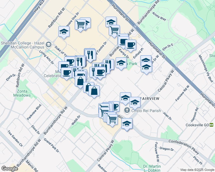 map of restaurants, bars, coffee shops, grocery stores, and more near in Mississauga