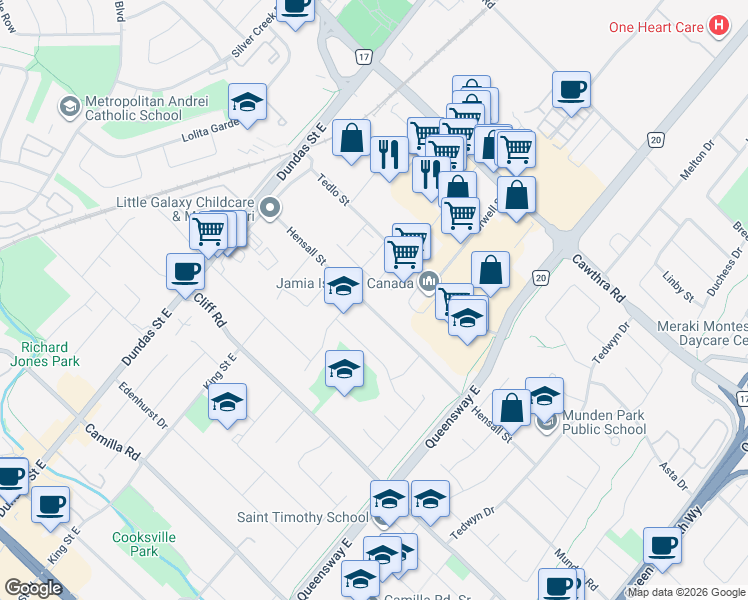 map of restaurants, bars, coffee shops, grocery stores, and more near 2445 Hensall Street in Mississauga