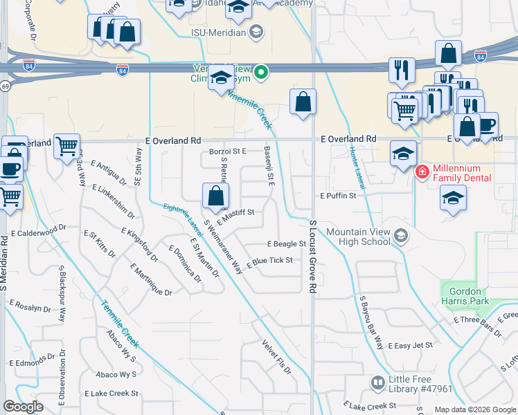 map of restaurants, bars, coffee shops, grocery stores, and more near 1978 South Sportsman Way in Meridian