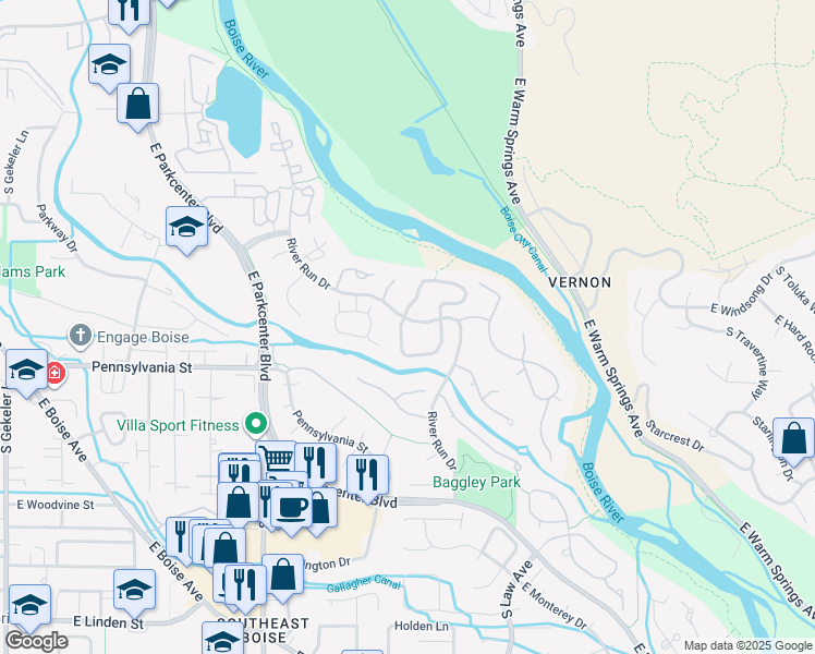 map of restaurants, bars, coffee shops, grocery stores, and more near 2020 South Springbrook Lane in Boise