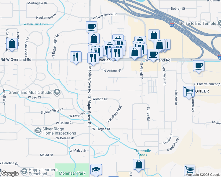 map of restaurants, bars, coffee shops, grocery stores, and more near 8735 West Mediterranean Court in Boise