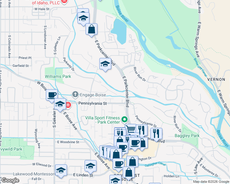 map of restaurants, bars, coffee shops, grocery stores, and more near 686 East Parkway Court in Boise