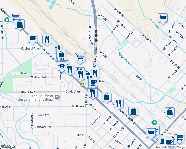 map of restaurants, bars, coffee shops, grocery stores, and more near Nampa-Caldwell Boulevard in Nampa