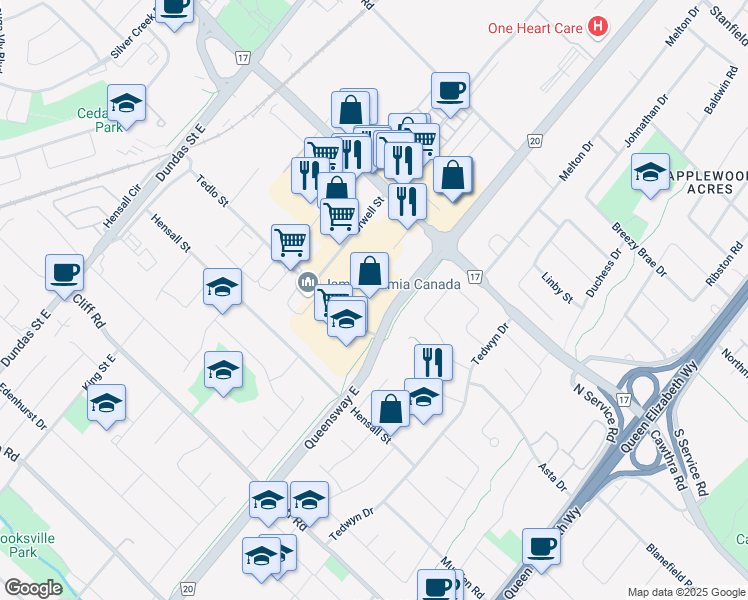 map of restaurants, bars, coffee shops, grocery stores, and more near 575-655 Queensway E in Mississauga