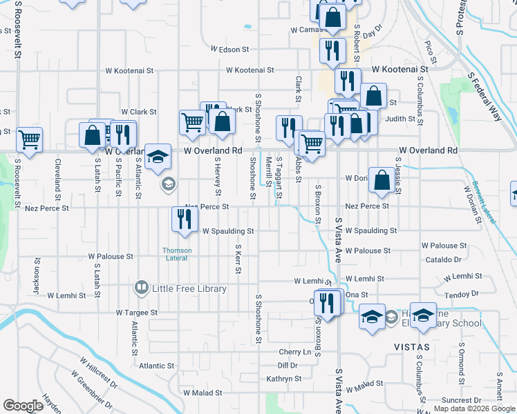 map of restaurants, bars, coffee shops, grocery stores, and more near 1810 South Shoshone Street in Boise