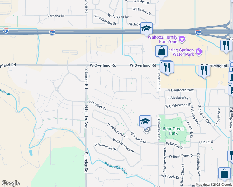 map of restaurants, bars, coffee shops, grocery stores, and more near 1222 West Elias Drive in Meridian