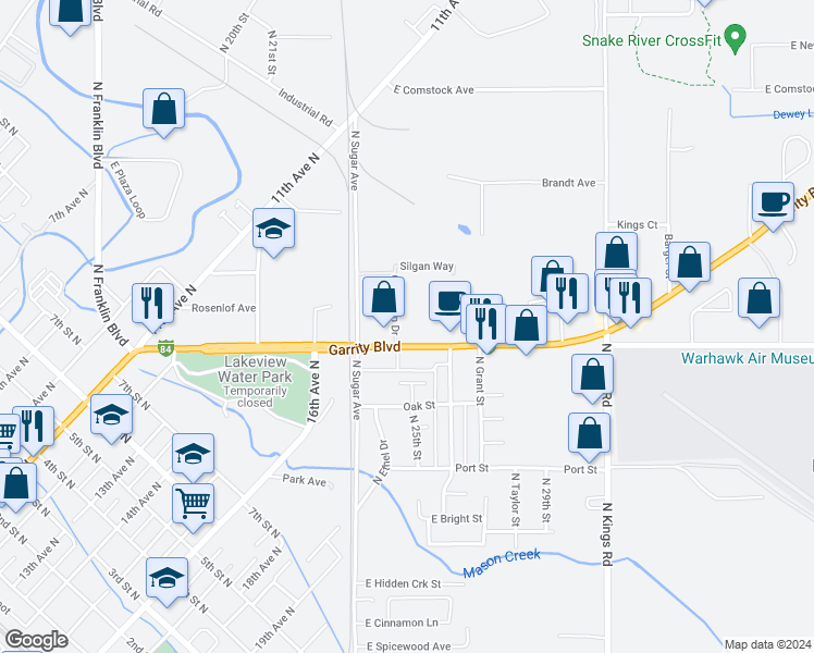 map of restaurants, bars, coffee shops, grocery stores, and more near 1636 Interstate 84 Business Loop in Nampa