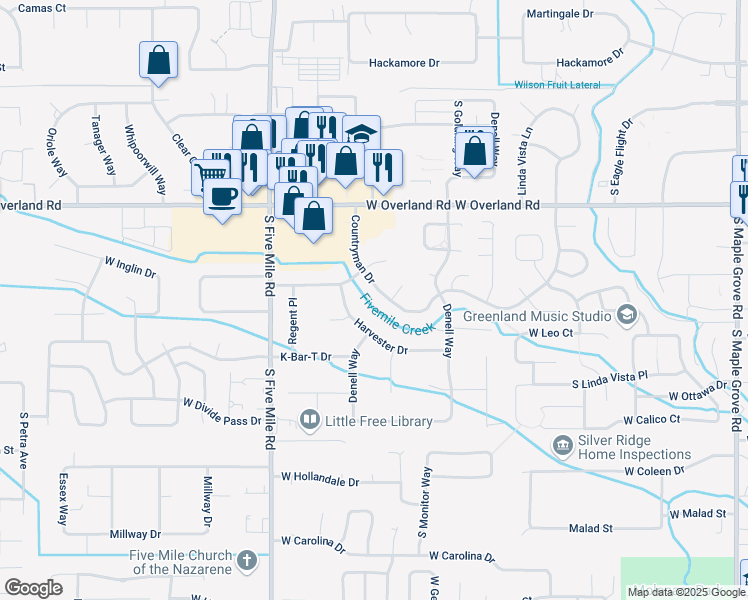 map of restaurants, bars, coffee shops, grocery stores, and more near 10306 Harvester Drive in Boise